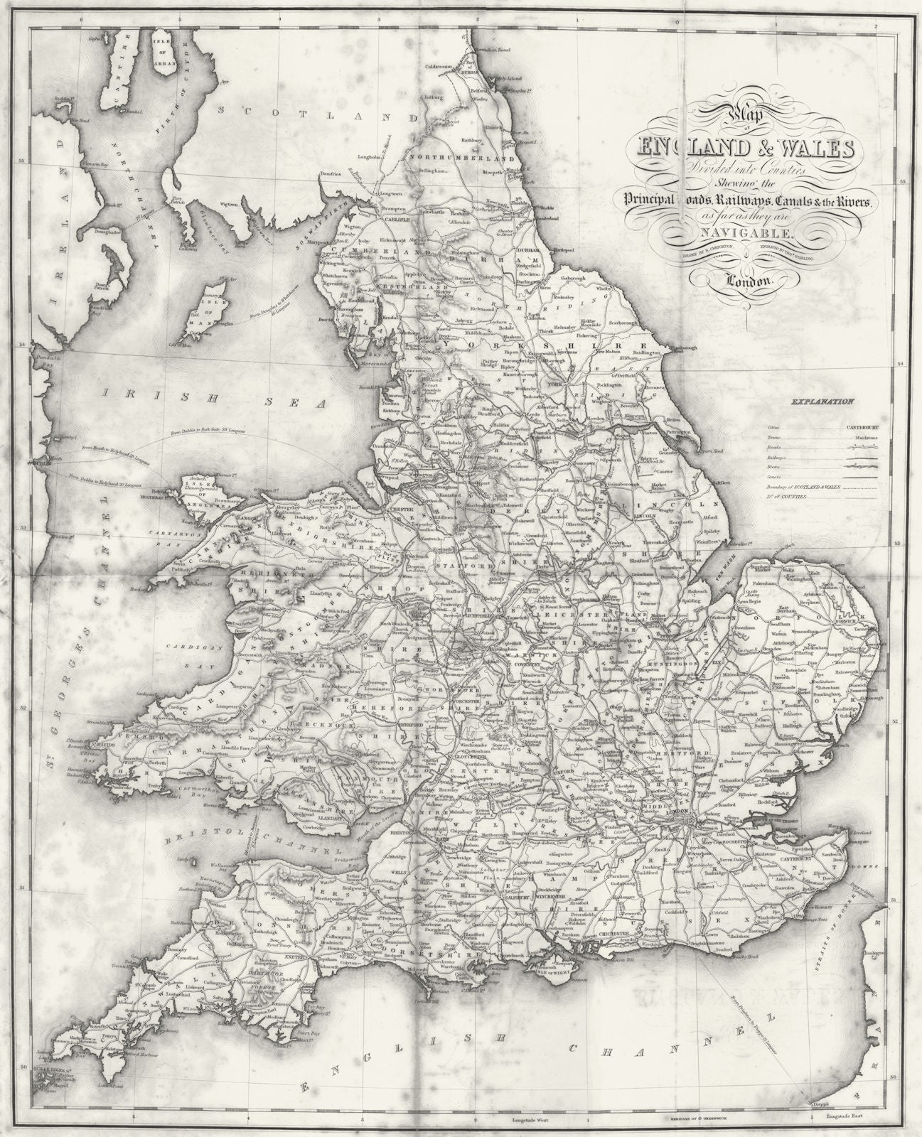 ENGLAND WALES. Roads, rail, canals rivers Lewis 1837 old antique map chart